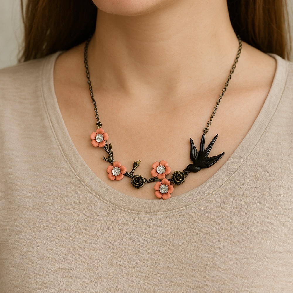 NWT | Pink Cherry Blossom Flower Black Sparrow Bird Statement Necklace